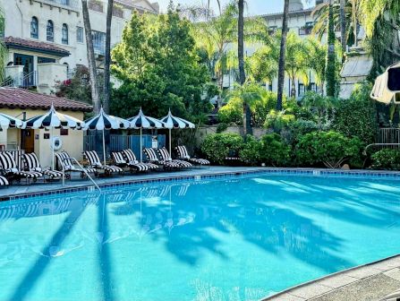 A sunny hotel courtyard pool with striped loungers, blue water, umbrellas, and lush palm-lined gardens.